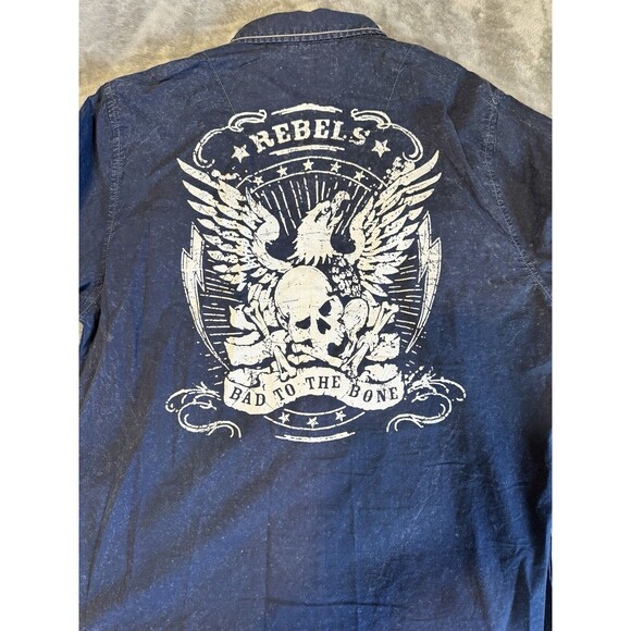 TRANQUILITY AND MAYHEM Men's Large Shirt Blue Pockets Rebels Graphic - Picture 9 of 12